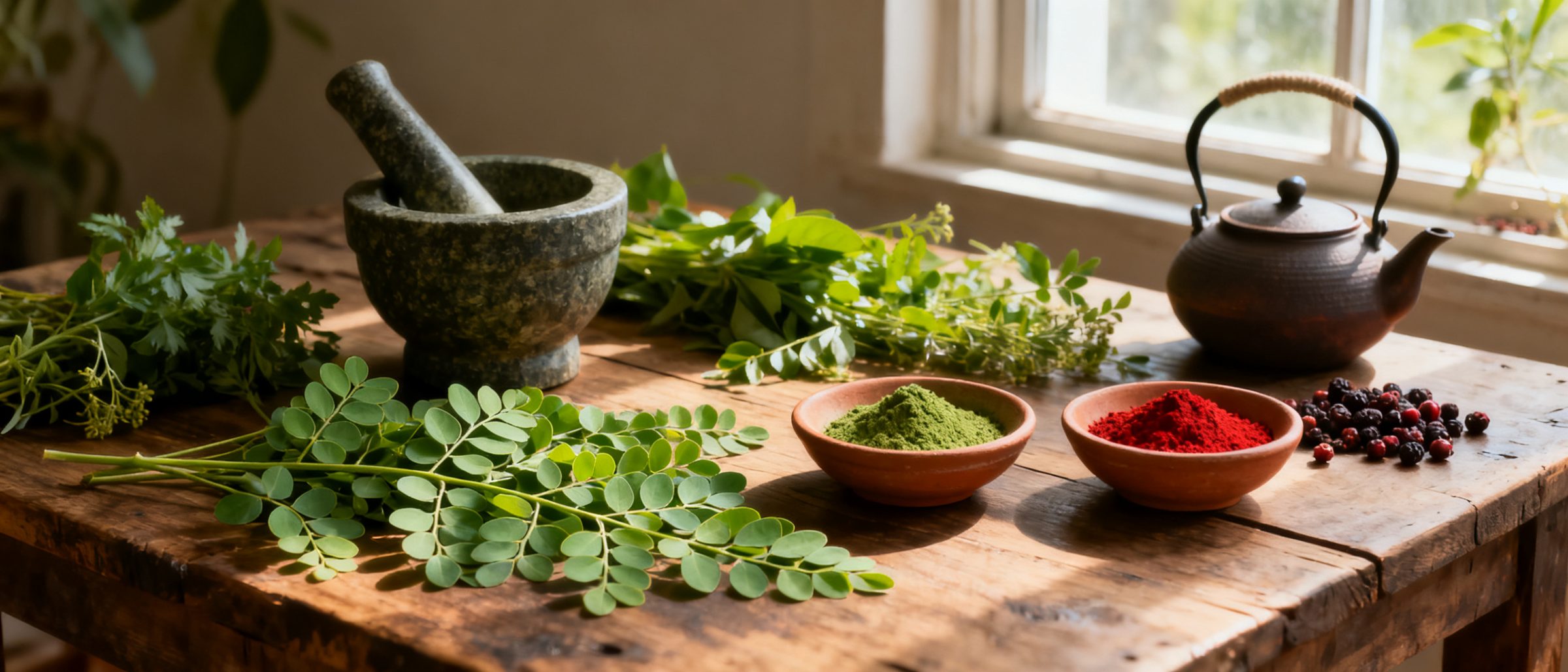 Fresh herbs, leaves and small bowls of green and red powders on a wooden table